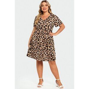 V-Neck Leopard Print Flutter Sleeve Midi Dress
